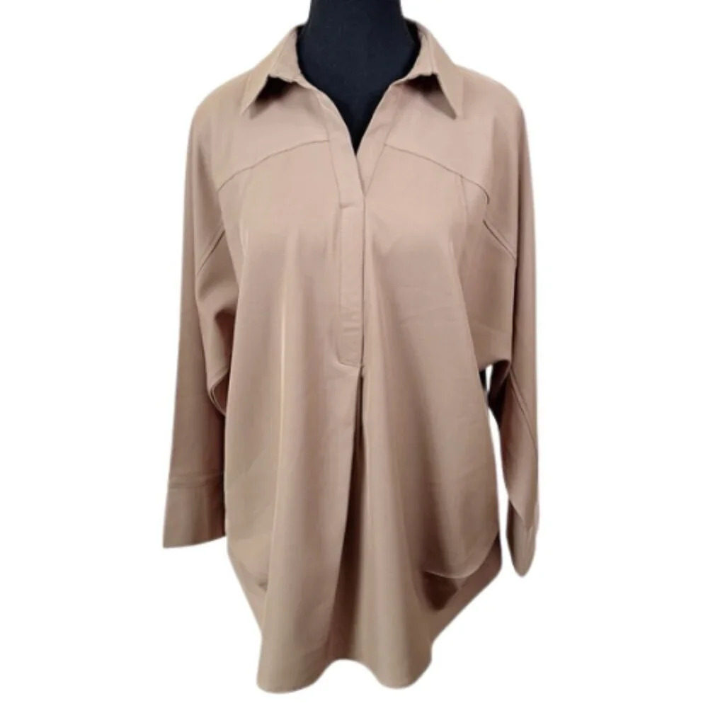 Uchuu Montreal Womens Size 2 Slit Neck Fold Over Tan Blouse